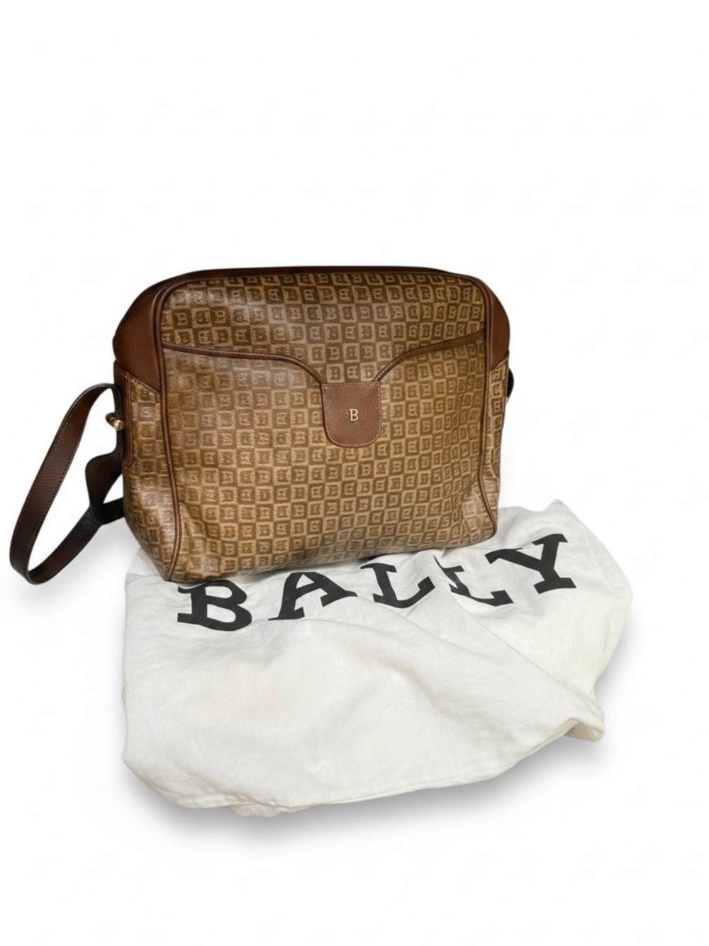 Vintage Bally Monogram Crossbody Bag Brown Coated Canvas Leather Italy